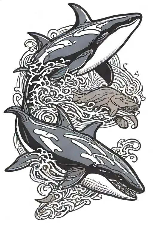 orca whale and great white shark Fighting  tattoo design idea