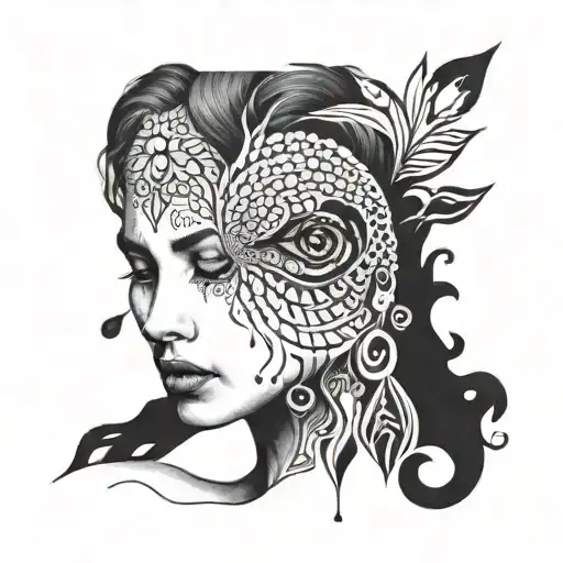 A woman shedding tears made up of intricate blackwork patterns tattoo design idea