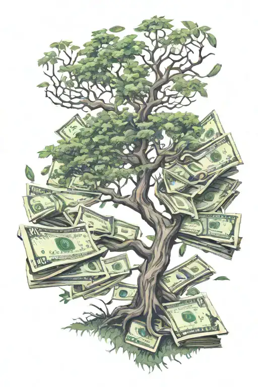 tall winding tree with money as its leaves tattoo design idea