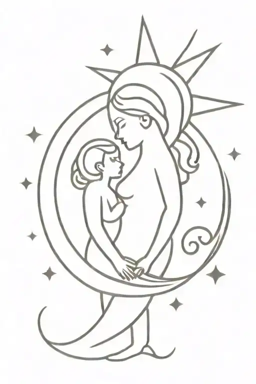 A minimalist tattoo of a mother and child holding hands under a sun and moon symbol, symbolizing the client's role as a mom and their favorite things tattoo design idea