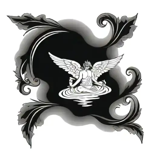 Incorporate a peaceful angel resting on a bed of rippling water, with delicate angel wings stretching outwards, symbolizing your brother's eternal peace tattoo design idea