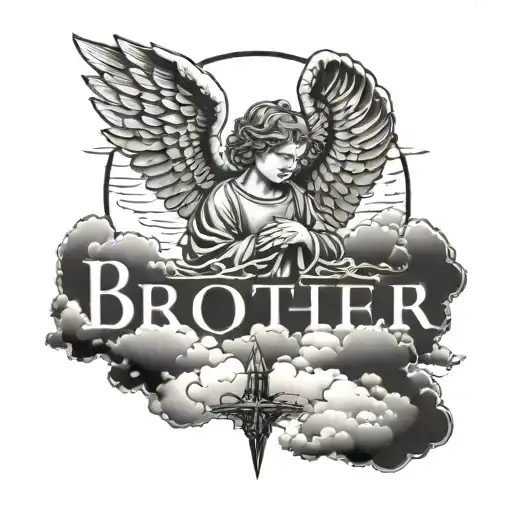 A tattoo of a guardian angel watching over a peaceful scene with clouds and the word 'brother' subtly incorporated tattoo design idea