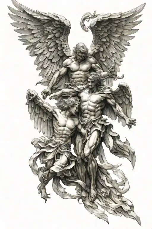 Battle between angel and demon, guardian angel wings tattoo design idea