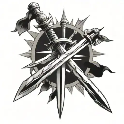 Three swords crossed with sun rays in the background tattoo design idea
