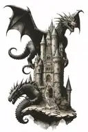castle with a dragon flying over it tattoo design idea