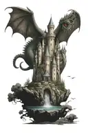 castle with a dragon flying over it tattoo design idea