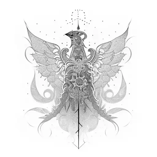 A guitar surrounded by intricate gothic patterns and adorned with dark feathers tattoo design idea