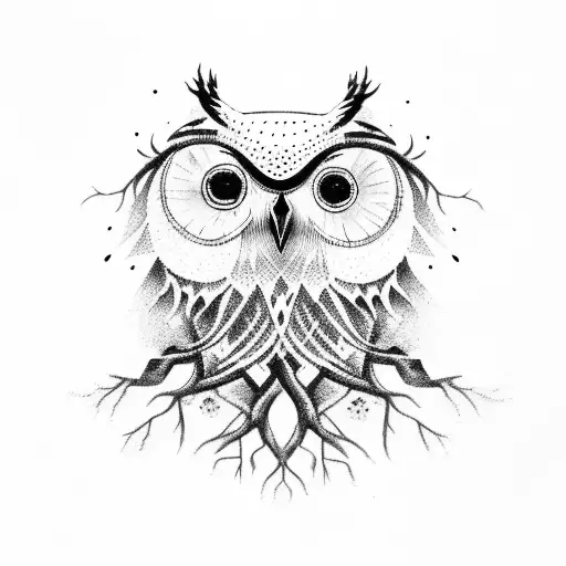 tree with roots, owls, black raven, wolf tattoo design idea