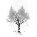 tree with roots, black raven tattoo design idea