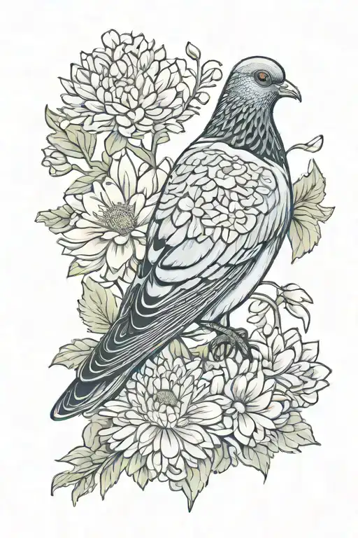 pigeon, chrysanthemum, flowers,  tattoo design idea