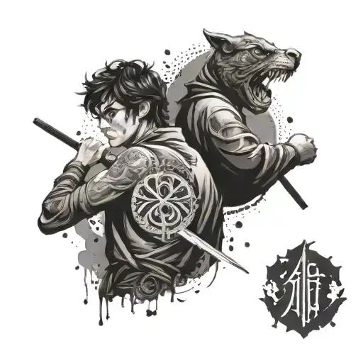 merging elements of martial arts with magical symbols from Harry Potter and Percy Jackson tattoo design idea