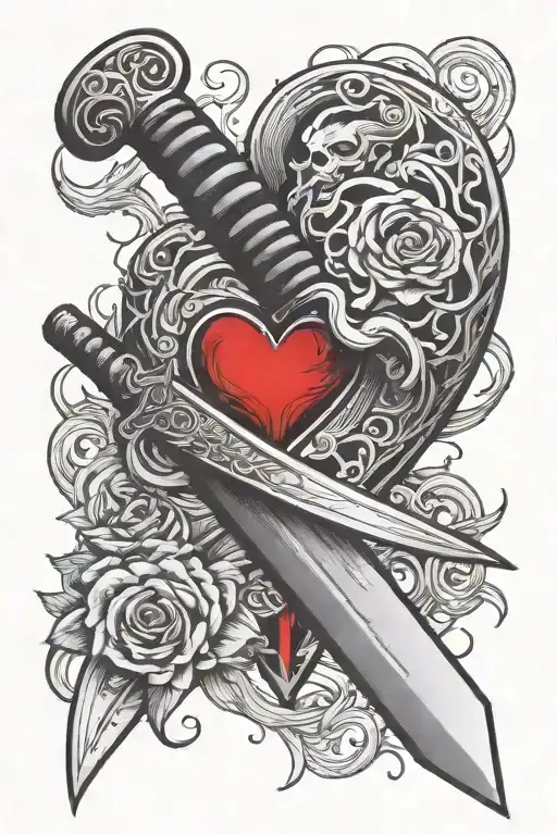 A katana sticks out of a human heart tattoo design idea