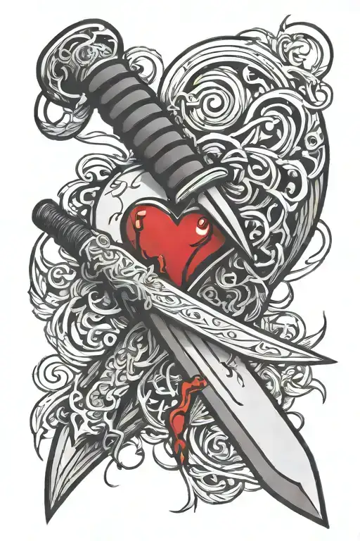 Wakizashi sticks out of a human heart with blood tattoo design idea