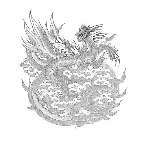 japanese Dragon flying with a Phoenix with roses tattoo design idea