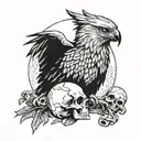 harpy eagle holding a skull and a flag waving tattoo design idea