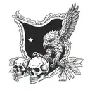 harpy eagle holding a skull and a flag waving tattoo design idea