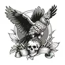 harpy eagle holding a skull and a flag waving tattoo design idea