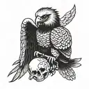 harpy eagle holding a skull and a flag waving tattoo design idea
