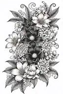 daisy and sweet pea, delphinium and water lily, gladiolus and poppy, chrysanthemum, holly and narcissus tattoo design idea