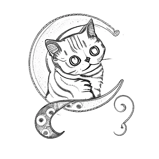 a white cat sitting on a crescent tattoo design idea