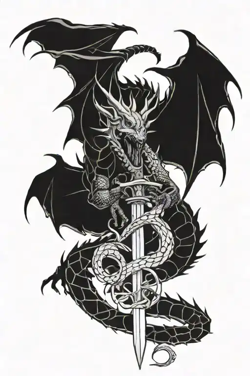 A dragon with a sword coming out its mouth with a spider weaving the the sword coming out its mouth  tattoo design idea