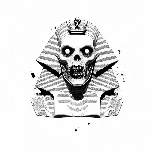zombie mummy in half face broken king Egyptian sarcophagus  tattoo design idea