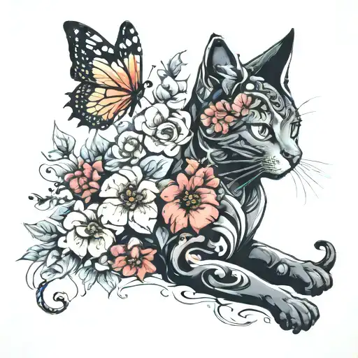 flowers cat butterfly  tattoo design idea
