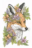 Colored fox portrait bordered with ferns, flowers, daisies, and lilacs. Include a monarch butterfly and a barn swallow. tattoo design idea
