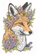 Colored fox portrait bordered with ferns, flowers, daisies, and lilacs. Include a monarch butterfly and a barn swallow. tattoo design idea