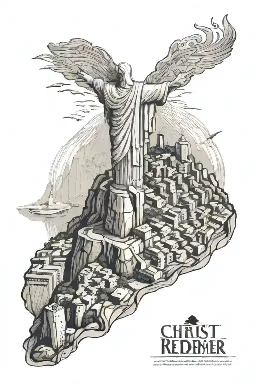 Christ the redeemer looking over rio de janeiro statue city favela tattoo design idea