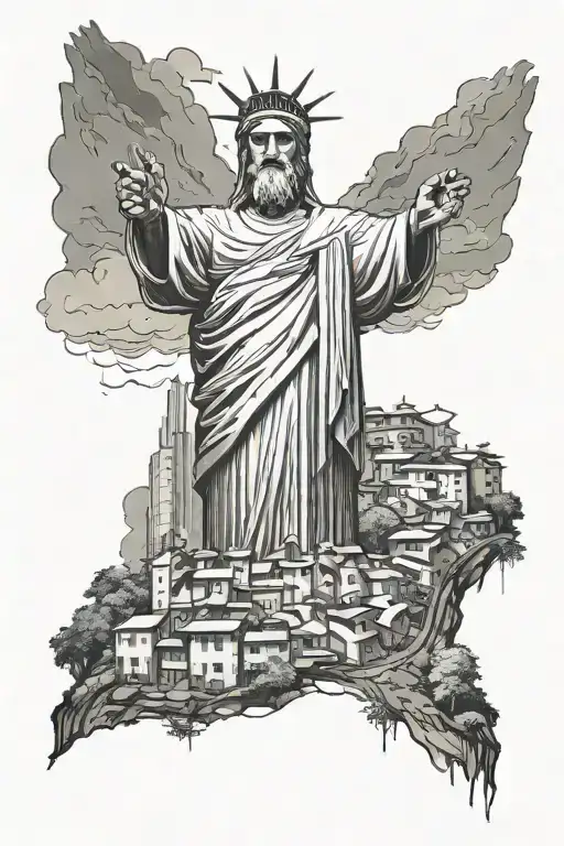 Christ the redeemer looking over slums tattoo design idea