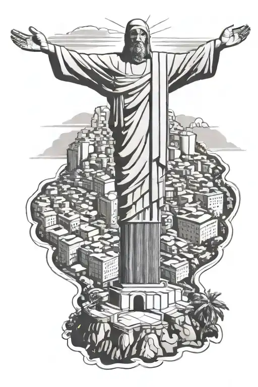 Christ the redeemer looking over rio de janeiro statue city favela tattoo design idea