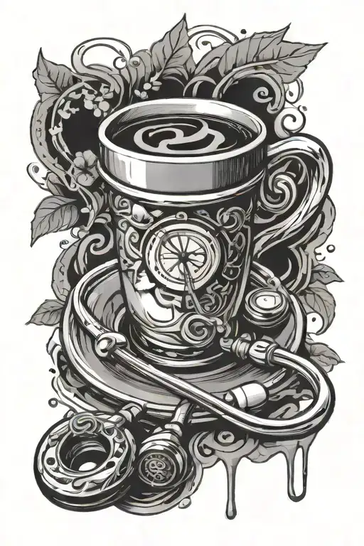 A coffee cup with a stethoscope wrapped around it, symbolizing the client's passion for medicine and coffee tattoo design idea