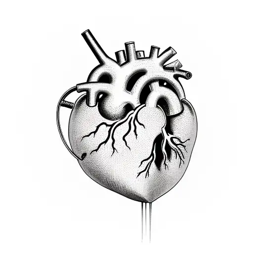 "Generate an image of a human heart with mechanical ventricles attached to it, as if it has been augmented with advanced tattoo design idea