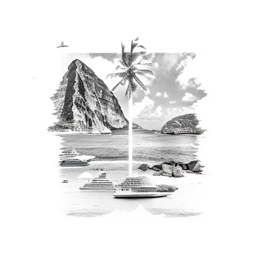 A collage of vacation destinations like Aruba, St. Lucia, and Riviera Maya with a subtle Guns N' Roses reference hidden in the background tattoo design idea