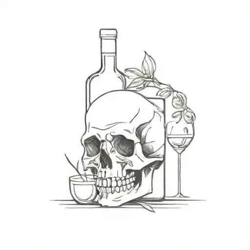 skull death and bottle of wine and flower interlaced tattoo design idea