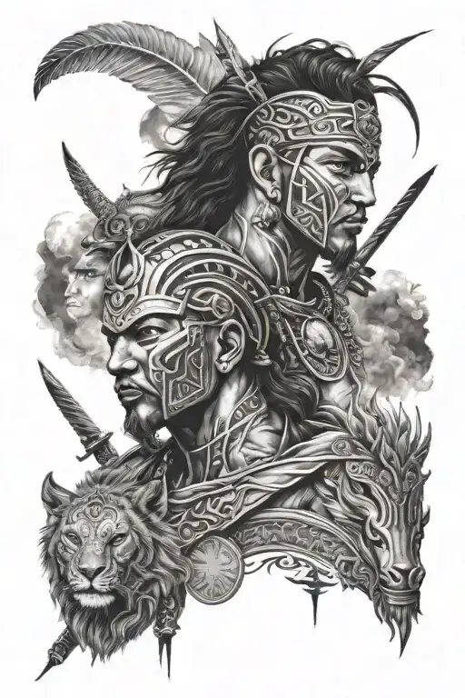 Warriors, Tamil, peace, kindness, wild strength, space in black and white realism tattoo design idea