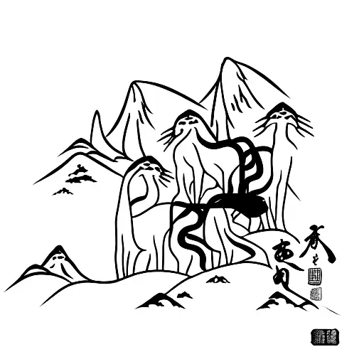 Asian-inspired landscape with a cat silhouette tattoo design idea