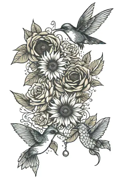 rose, sunflower, hummingbird, plants, necklace tattoo design idea