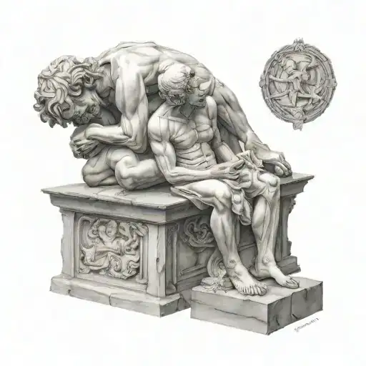 statues portraying helplessness, emptiness, pain, medium size tattoo design idea