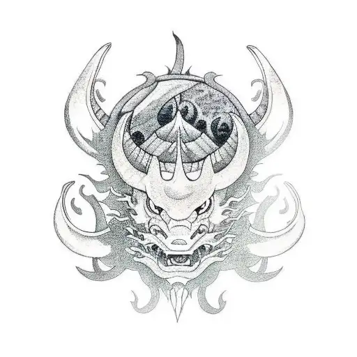 dragon, koi fish, Kabuto, Akkorokamui, and oni mask tattoo design idea