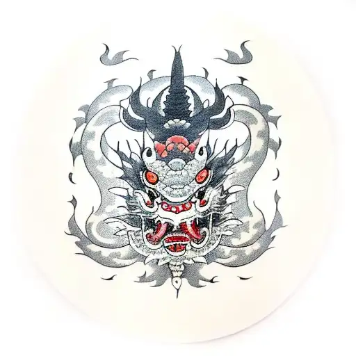A traditional Japanese tattoo that incorporates a dragon, koi fish, Kabuto, Akkorokamui, and oni mask separately  tattoo design idea