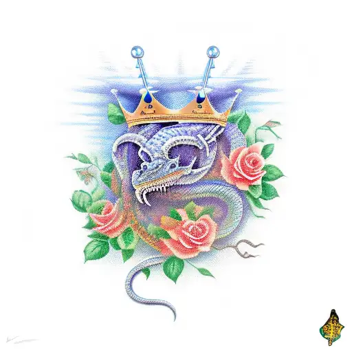 money and roses with king cobra and crown tattoo design idea