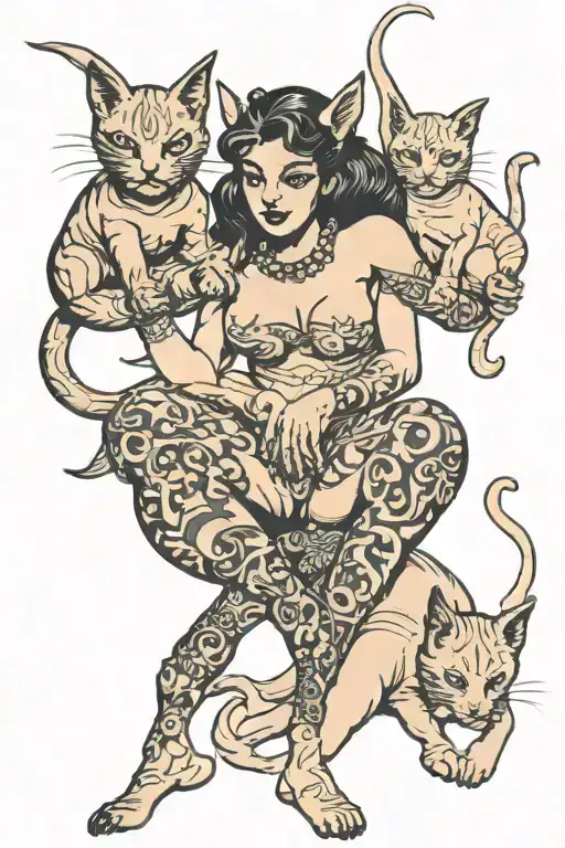 nude demon girl hold two furious cats tattoo design idea