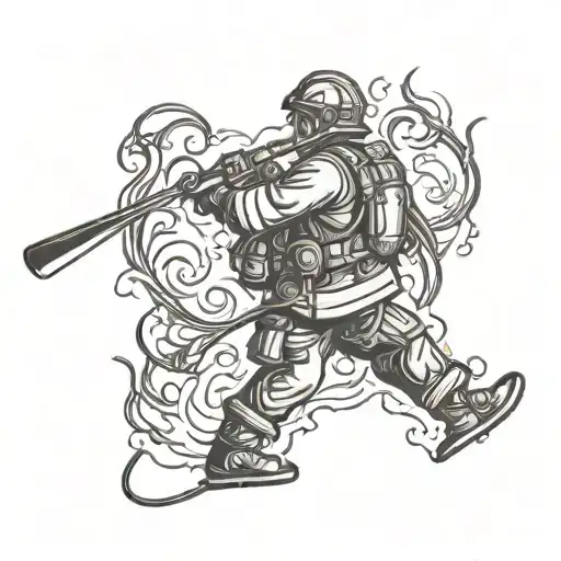 A silhouette of a firefighter battling flames, intertwined with fishing hooks and ski poles tattoo design idea