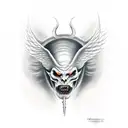 half angel half demon face and the demon half has a horn and sharp fangs tattoo design idea