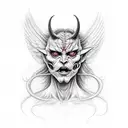 half angel half demon face and the demon half has a horn and sharp fangs tattoo design idea