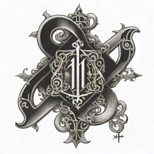 A tattoo design of the number 11 intertwined with religious symbols representing god's presence in the year 2003 tattoo design idea