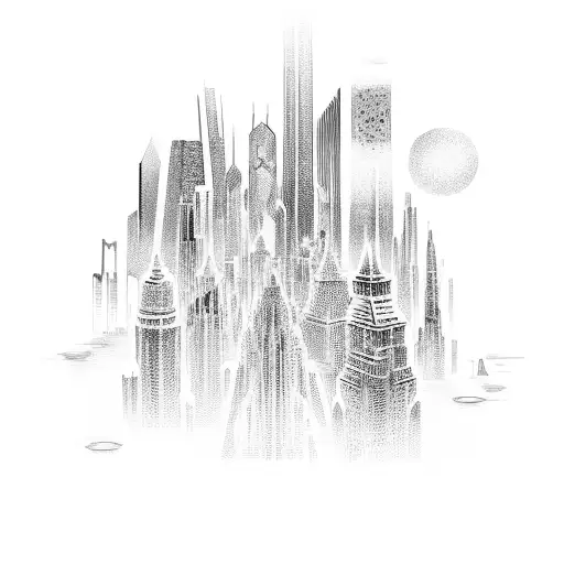 A futuristic cityscape with skyscrapers made of gold and diamonds tattoo design idea