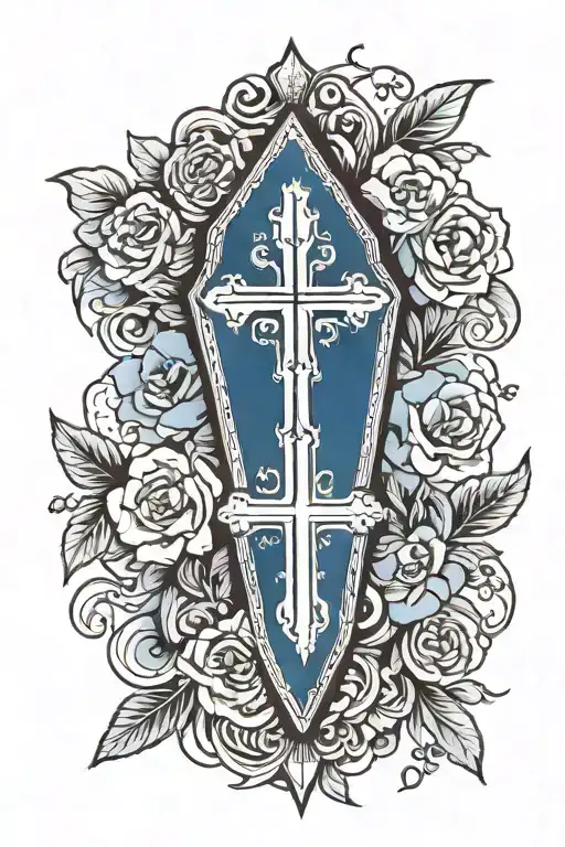 blue coffin with white cross in center tattoo design idea